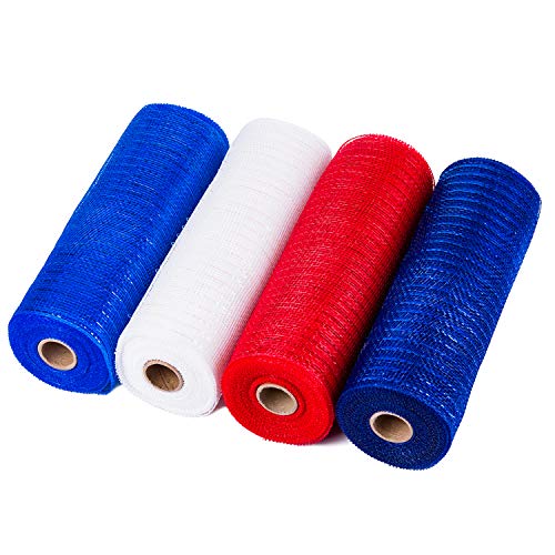 Product Cover LaRibbons Deco Poly Mesh Ribbon - 10 inch x 30 feet Each Roll - Metallic Foil Red/Royal/White/Navy Set for Wreaths, Swags and Decorating - 4 Pack