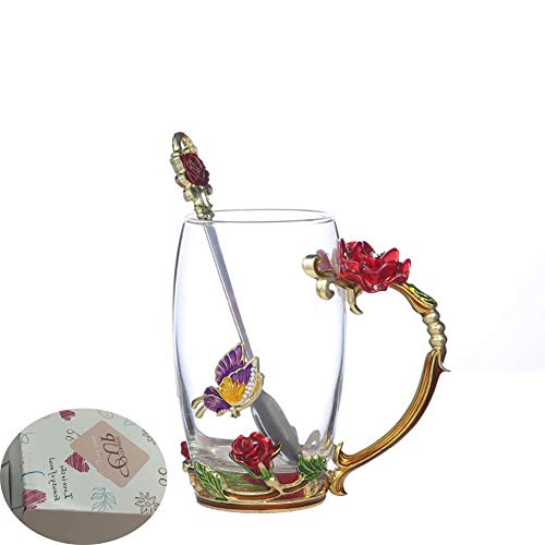 Product Cover Handicraft Crystal Glass 3D Flower Cups Tea Mug With Tea Spoon Women Coffee, Tea, Juice, Beer, Milk Hot And Cold Drinks Use Gift Package. (Rose Red High Coffee Cup, 12 OZ)