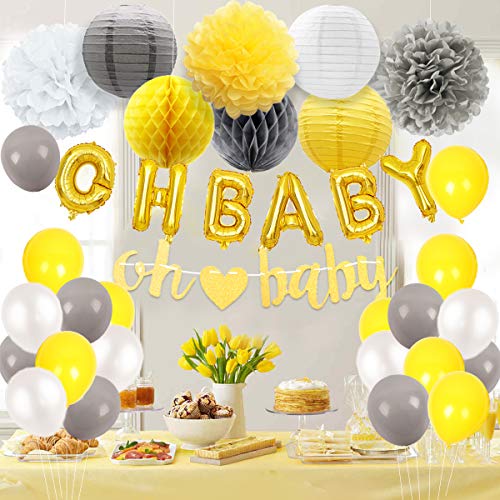 Product Cover JOYMEMO Baby Shower Decorations Neutral for Boy or Girl, Gender Neutral Unisex Balloons, Garland, Pom Poms, Paper Lanterns Yellow and Gray