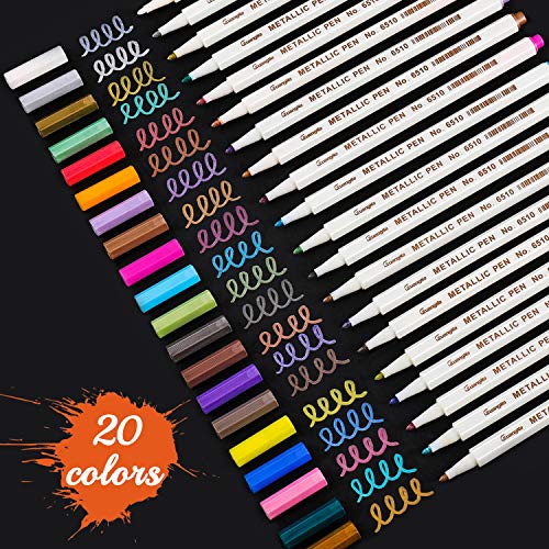 Product Cover Sunshilor Metallic Markers Fine Point Metallic Marker Pens for Black Paper, Scrapbooking, Christmas Posters, Rock Painting, Easter Egg, Halloween Pumpkin, Metal, Ceramics, Wine Glass, Set of 20