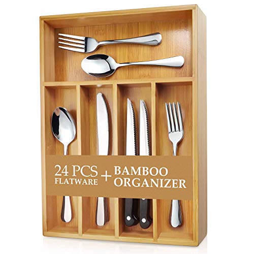 Product Cover Teivio 24-Piece Silverware Set, Flatware Set Mirror Polished, Dishwasher Safe Service for 4, Include Knife/Fork/Spoon with Bamboo 5-Compartment Silverware Drawer Organizer Box