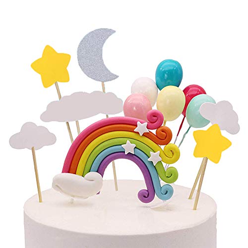 Product Cover Palksky Colorful Rainbow Cake Topper/Wedding Cake Flags/Cupcake Picks Set -Include Cloud Balloon Moon Stars/Boy Girl Kid Birthday Baby Shower Party Baking Decoration Supplies