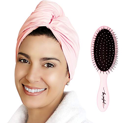 Product Cover Ultra-Fine Microfiber Hair Towel Wrap - The Perfect Haircare - Anti-frizz Fast Drying Turban with Wet/Dry Brush