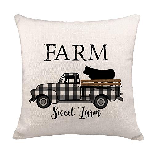 Product Cover YOENYY Farm Sweet Farm Plaid Truck with Cow Throw Pillow Cover Cushion Case for Sofa Couch Fall Farmhouse Home Decor Cotton Linen 18