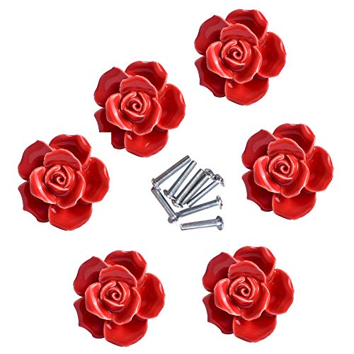 Product Cover Handle Knobs, Elegant Pink Rose Pulls Flower Ceramic Cabinet Knobs Cupboard Drawer Pull Handles + Screw Furniture Handle knob Ornament(8 Pieces) (Red) ...