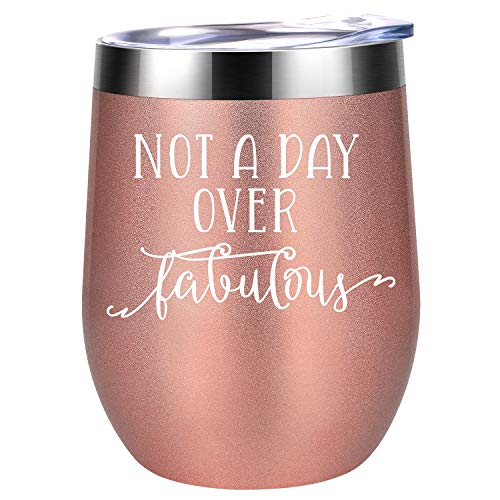 Product Cover Not a Day Over Fabulous - Funny Birthday Christmas Wine Gifts Ideas for Women, BFF, Best Friends, Coworkers, Her, Wife, Mom, Daughter, Sister, Aunt - Coolife 12oz Insulated Wine Tumbler Cup with Lid