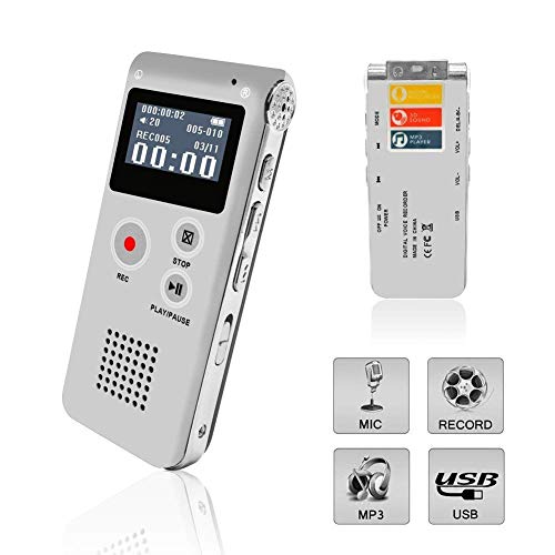 Product Cover Voice Recorder, Digital Voice Recorder, MP3 Dictaphone with Playback, Rechargeable Tape Dictaphone Recorder for Lectures, Meetings, Interviews, Mini Audio Recorder, MP3 Player (Sliver)