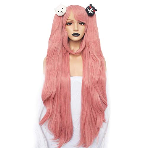 Product Cover Anogol Hair+Cap Pink Long Straight Synthetic Wigs For Cosplay Costume Wig For Girls Wig For Cosplay Party With Hair Accessory for Halloween Carneval