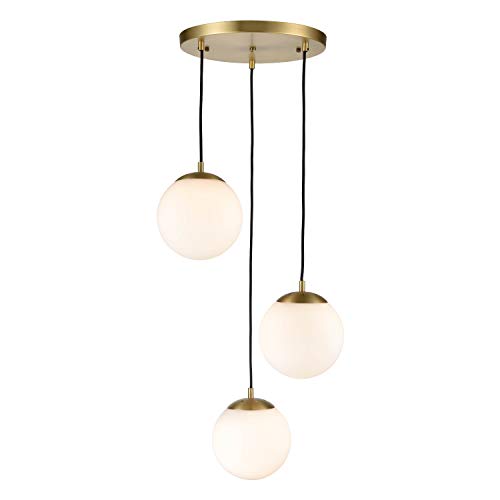 Product Cover Light Society LS-C255-BB-WH Zeno 3-Light Pendant Lamp in Brushed Brass and White Glass Globes with Adjustable Length Cords, Retro Mid Century Modern Style Chandelier