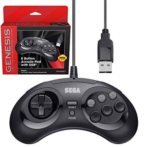 Product Cover Retro-Bit Official Sega Genesis USB Controller 8-Button Arcade Pad for Sega Genesis Mini, Nintendo Switch, PC, Mac, Steam, RetroPie, Raspberry Pi - USB Port - Black