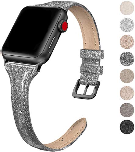 Product Cover SWEES Leather Band Compatible for Apple Watch iWatch 38mm 40mm, Slim Thin Dressy Genuine Leather Strap Compatible iWatch Series 5 Series 4 Series 3 Series 2 Series 1 Sport Edition, Shiny Black