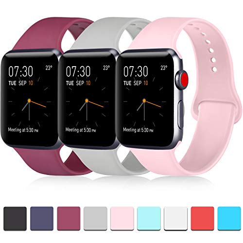 Product Cover Pack 3 Compatible with Apple Watch Band for Men, Soft Silicone Band Compatible iWatch Series 4, Series 3, Series 2, Series 1 (Wine Red/Gray/Pink, 38mm/40mm-S/M)