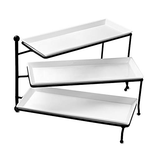 Product Cover Sweese 731.101 3 Tiered Serving Stand, Foldable Rectangular Food Display Stand with White Porcelain Platters - Serving Trays for Parties