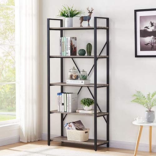 Product Cover BON AUGURE Industrial Bookshelf, Etagere Bookcases and Book Shelves 5 Tier, Rustic Wood and Metal Shelving Unit (Dark Gray Oak)