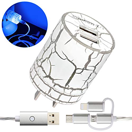 Product Cover momen USB Wall Charger, Led Charger Block with 3 in 1 Light Up Charging Cable, for iPhone 6 6s 7 8 X XS max 11 11 pro, iPad, Samsung Galaxy, LG, HTC (Blue Light)