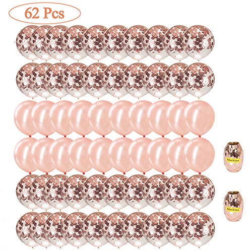 Product Cover Rose Gold Balloons & Rose Gold Confetti Balloons 62 Pack - 12 inch Premium Latex Balloons & 64ft Ribbon - Rose Gold Party Decorations