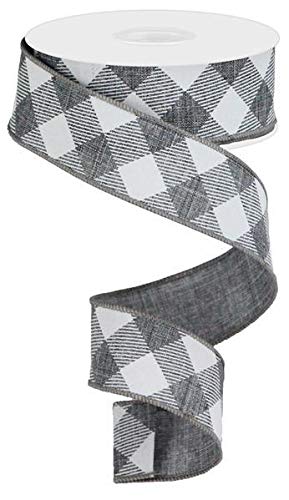 Product Cover Diagonal Plaid Check Wired Edge Ribbon - 10 Yards (Grey, White, 1.5
