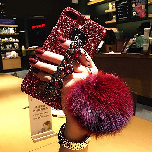 Product Cover for iPhone 7 Plus Case,for iPhone 8 Plus Case,BabeMall Luxury DIY Handmade Bling Diamond Fur Plush Ball Strap Chain Case (Red Ball)