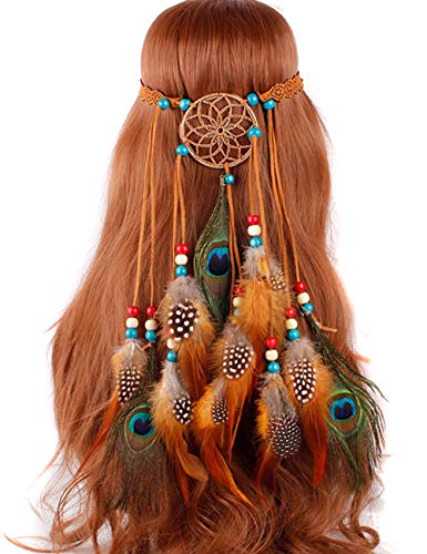 Product Cover umsif Bohemian Hairband for Women Girls Sunflower Festival Headdress Indian Feather Headband Tassel Hemp Rope with Peacock Feather (Color-awz 11)