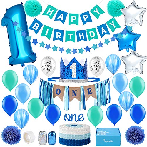 Product Cover Baby 1st Birthday Boy Decorations in Sea Green and Blue - First Birthday Decorations Boy - High Chair ONE Banner Decorations in Star Theme | Cake Smash Party Supplies - Royal Prince Crown, Balloons