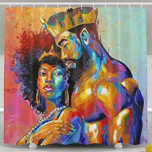 Product Cover EVERMARKET Bathroom Shower Curtain,King African American Lovers Couple Colorful Painting Bath Curtain Liner,Durable Fabric Bathroom Décor Accessories Set with 12 Hooks 72x72 Inch