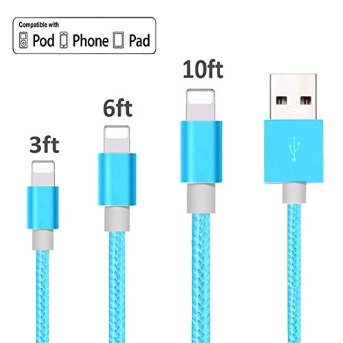 Product Cover Phone Charger Cable, YoRoucI 3 Pack 3ft 6ft 10ft Nylon Braided USB Charger Cord Compatible Phone xs/xsmax/xr/8/8plus/7/7plus/6/6plus pad pod & More Blue