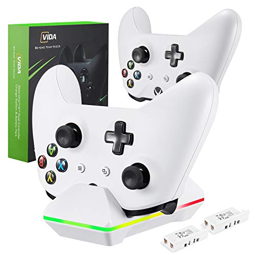 Product Cover Xbox One Controller Charger, CVIDA Dual Xbox One/One S/One Elite Charging Station with 2 x 800mAh Rechargeable Battery Packs for Two Wireless Controllers Charge Kit- White