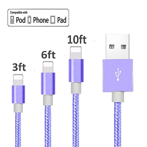 Product Cover Phone Charger Cable 3Pack 3ft 6ft 10ft Nylon Braided Charger Cable Compatible Phone xs max xs xr 8 7 Plus 7 6s Pad Purple