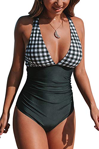 Product Cover CUPSHE Women's Black White Gingham Ruched Back Cross One Piece Swimsuit