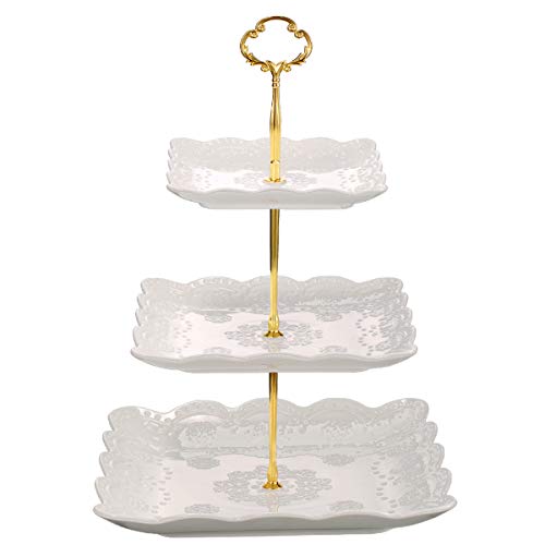 Product Cover Sumerflos 3 Tier Porcelain Cupcake Stand, Tiered Serving Cake Stand, Square White Embossed Dessert Stand, Weddings Parties Pastry Serving Tray