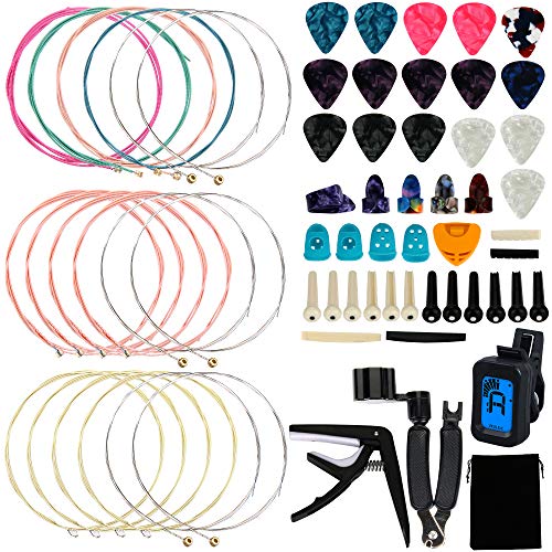 Product Cover Augshy 65 PCS Guitar Tool Changing Accessories Kit Including Guitar Strings, Guitar Picks, Pick Holder, Capo, String Winder&Cutter, Thumb Finger Picks, Tuner, Guitar Bones, and Storage Bag for Beginne
