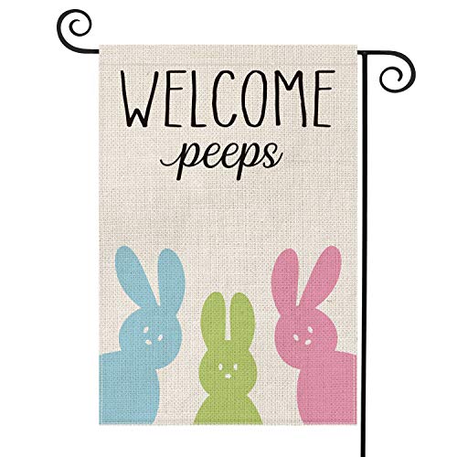 Product Cover AVOIN Welcome Peeps Garden Flag Vertical Double Sided Easter Bunny Rabbit, Spring Summer Rustic Farmhouse Burlap Yard Outdoor Decoration 12.5 x 18 Inch