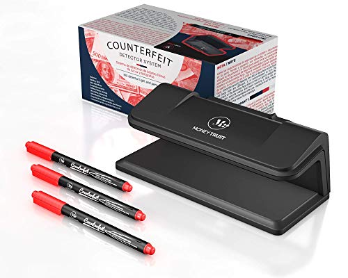 Product Cover Counterfeit Bill Detector System with Ultraviolet Light and 3 Detector pens by MoneyTrust Used to Verify documents with UV Light Security Features and detect Counterfeit Bills