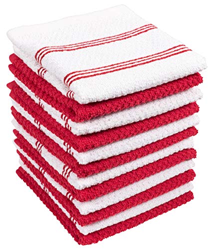 Product Cover KAF Home Pantry Piedmont Terry Dish Cloths | Set of 12, 12 x 12 inches, Absorbent Terry Dish Cloths, Wash Cloths, Bar Mop Rags | Perfect for Spills, and Wiping Counter Tops - Cherry Red