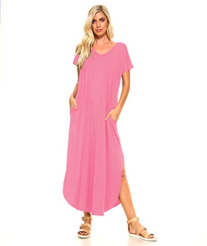 Product Cover Isaac Liev Short Sleeve Maxi Dress with Pockets Loose Casual Long Dress with Scoop Neck, Splits & Side Pockets (Large, Mauve)