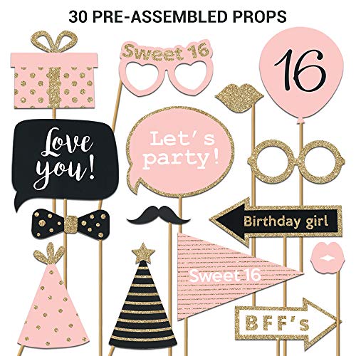 Product Cover Sweet 16 Photo Booth Props | FULLY ASSEMBLED | 16th Birthday Photo Booth Props | REAL GLITTER | Pink Rose Gold Black | Sweet Sixteen Photo Booth Props Kit | NO DIY (30 Pieces)