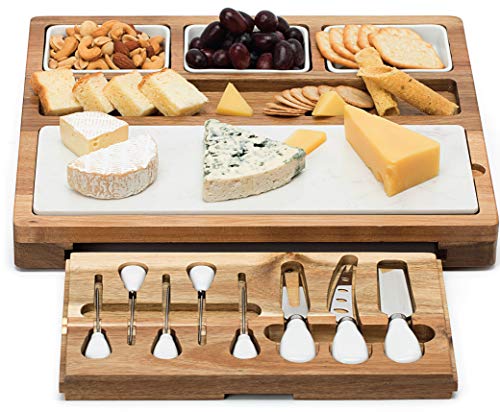 Product Cover Shanik Cheese Board With 7 Piece Stainless Steel Cutlery Set - Acacia Wood Charcuterie Board and Cheese Serving Platter With Slide-Out Drawer, 3 Ceramic Bowls, Double Sided Marble Blade, Perfect Gift
