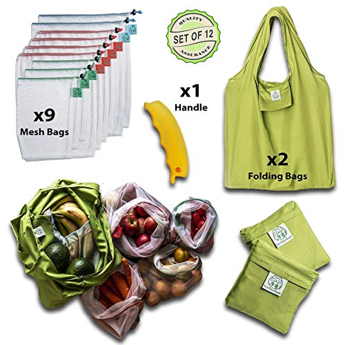 Product Cover Eco Friendly Products Set of 12 PCS | Mesh bags with Tare Weight Tags | Foldable grocery bags and a bonus silicon handle | All the reusable grocery bags in this kit are made from recycled plastic