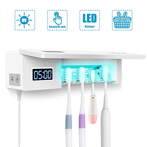 Product Cover MECO UV Toothbrush Holder, 4 Toothbrush Sterilizer Holder 5-Minute Timer LED Display Wall Mounted Family Toothbrush Holder Touch Button with Sticker for Women Kids Baby Bathroom
