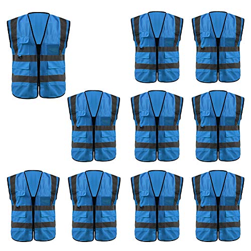 Product Cover GOGO Multi Pockets High Visibility Zipper Front Safety Vest with Reflective Strips Uniform Vest, Pack of 10-Blue-XXL