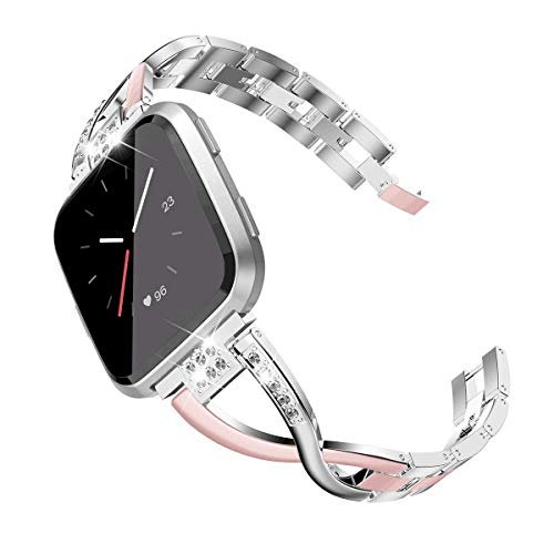 Product Cover TOYOUTHS Bling Bracelet Compatible with Fitbit Versa/Versa 2 Bands for Women Stainless Steel Wristbands Replacement for Versa Lite Edition/Versa SE Accessories Dressy Metal Strap Silver+Rose Gold