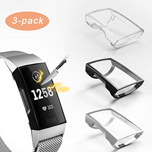 Product Cover 3 Pack Compatible with Fit bit Charge 3 Screen Protector,Valband Ultra Slim Soft Full Cover Case [Scratch-Proof] Bumper for Fit bit Charge 3 and Fit bit Charge 3 SE (Clear,Black,Silver)
