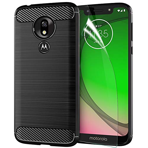 Product Cover Motorola Moto G7 Play Case 2019 with Screen Protector,Motorola Moto G7 Play TPU Phone Case Skin 5.7'',Carbon Fiber Brushed Soft Slim Anti-Scratch Anti-Slip Rubber Bumper Protective Case Cover-Black
