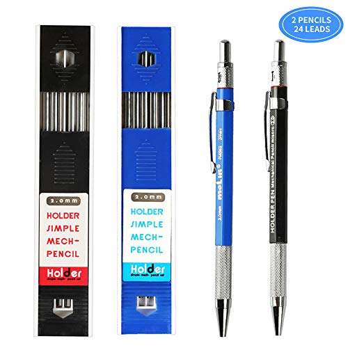 Product Cover Green Convenience 2 Pieces 2.0mm Mechanical Pencils, High-End Premium Drawing Pencils, 24 Pieces Durable 2mm Lead Refills for Draft Drawing, Carpenter, Crafting, Art Sketching (Blue and Black)