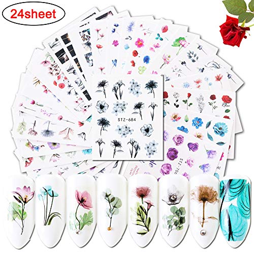 Product Cover Macute Nail Decals for Women Fingernail Decorations Nail Art Accessories 24 Sheets Nail Stickers with Assorted Patterns Water Transfer Blossom Flower Flamingo Stickers Set Manicure Charms Tip Decor