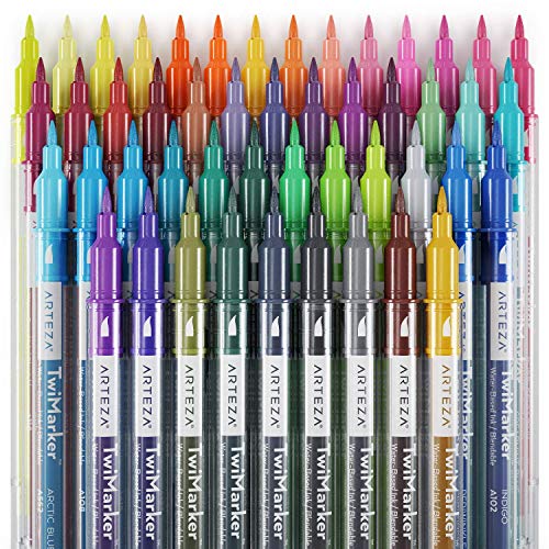 Product Cover ARTEZA TwiMarkers, Set of 48 Colors, Dual Tip Sketch Markers, with Fine & Brush Tips, Pens for Coloring, Calligraphy, Sketching, Doodling, Drawing, Journaling, Hand Lettering & Painting