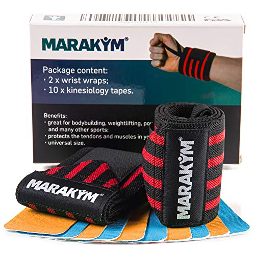Product Cover Premium Wrist Wrap Pair | Professional Wraps Weight Lifting, Crossfit, Powerlifting, Gym Workout, Bodybuilding | Wrist Band For Men & Women To Avoid Injuries and Alleviate Pain - Bonus Kinesiology Tap
