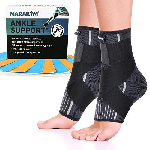 Product Cover Premium Ankle Compression Socks Men & Women | Best Free Size Medical Ankle Support Pair(2 Pcs) With Compression Wrap Support For Improved Injury Prevention and Recovery - Bonus Kinesiology Tape & Carr