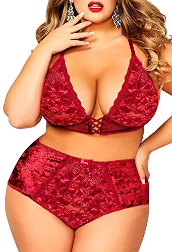 Product Cover Plus Size Lingerie Set for Women, Sexy Crushed Velvet Mesh Lace Up Halter Bralette & High Waist Panty