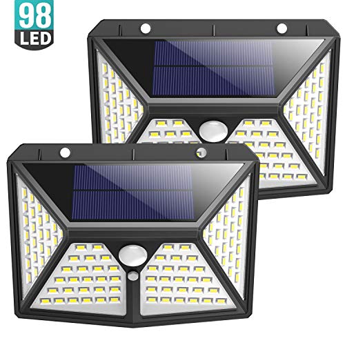 Product Cover Solar Lights Outdoor,【2019 Newest 270º Four-Angle Lighting】98 LED Solar Motion Sensor Lights, 3 Modes Waterproof Solar Wall Lights Wireless Solar Security Lights for Deck, Fence, Garage, Yard(2 Pack)